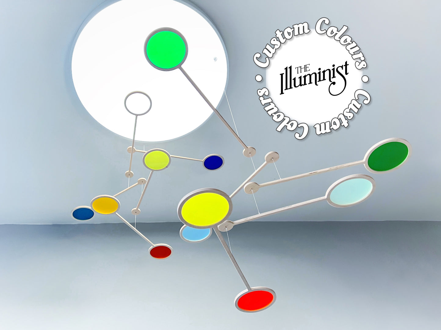 Large Kinetic Custom Mobile Sculpture. Mid Century Modern Calder Bespoke Hanging Art. Adult & Baby Nursery Mobile, Colourful Orbit - Choose your own colours mobile
Wooden and colourful acrylic mobile. Influenced by Calder mobiles and the mid-century modern movement. A beautiful piece of moving hanging art.
Double form orbit mobile at tiered height, hanging from 2 strings, creating one kinetic form.
Both Orbit mobiles together hang approximately 80cm from the ceiling at their lowest point. Singular Orbi