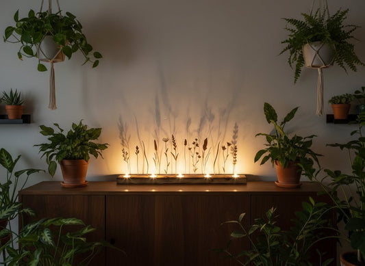 shadows from candle holder glowing onto wall - metal wildflowers on a timber holder - plant bar flowerbar - candle bar