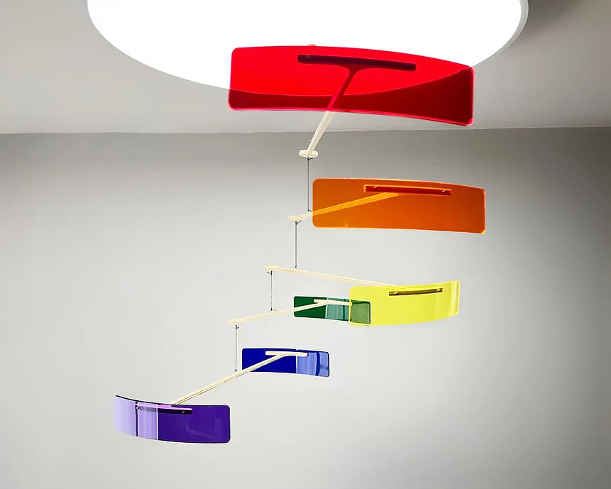 Colourful Hanging mobile. Kinetic mobile art like Calder mobiles for gay pride rainbow 