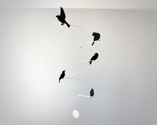 Nosey Bird Kinetic Mobile Sculpture, Adult & Baby Mobile. Hanging Silhouette Wall Art, Counterbalanced Handcrafted Acrylic & Wood Bird Mobile
Introducing ‘Nosey Birds’ - A fun piece of kinetic art that will bring movement and interest to any room. Handcrafted from responsibly sourced engineered birch, this unique mobile features 5 laser cut bird silhouettes of increasing size in a stunning frosted black acrylic. Composed so the birds are looking towards each other while perched on the curved birch arm.