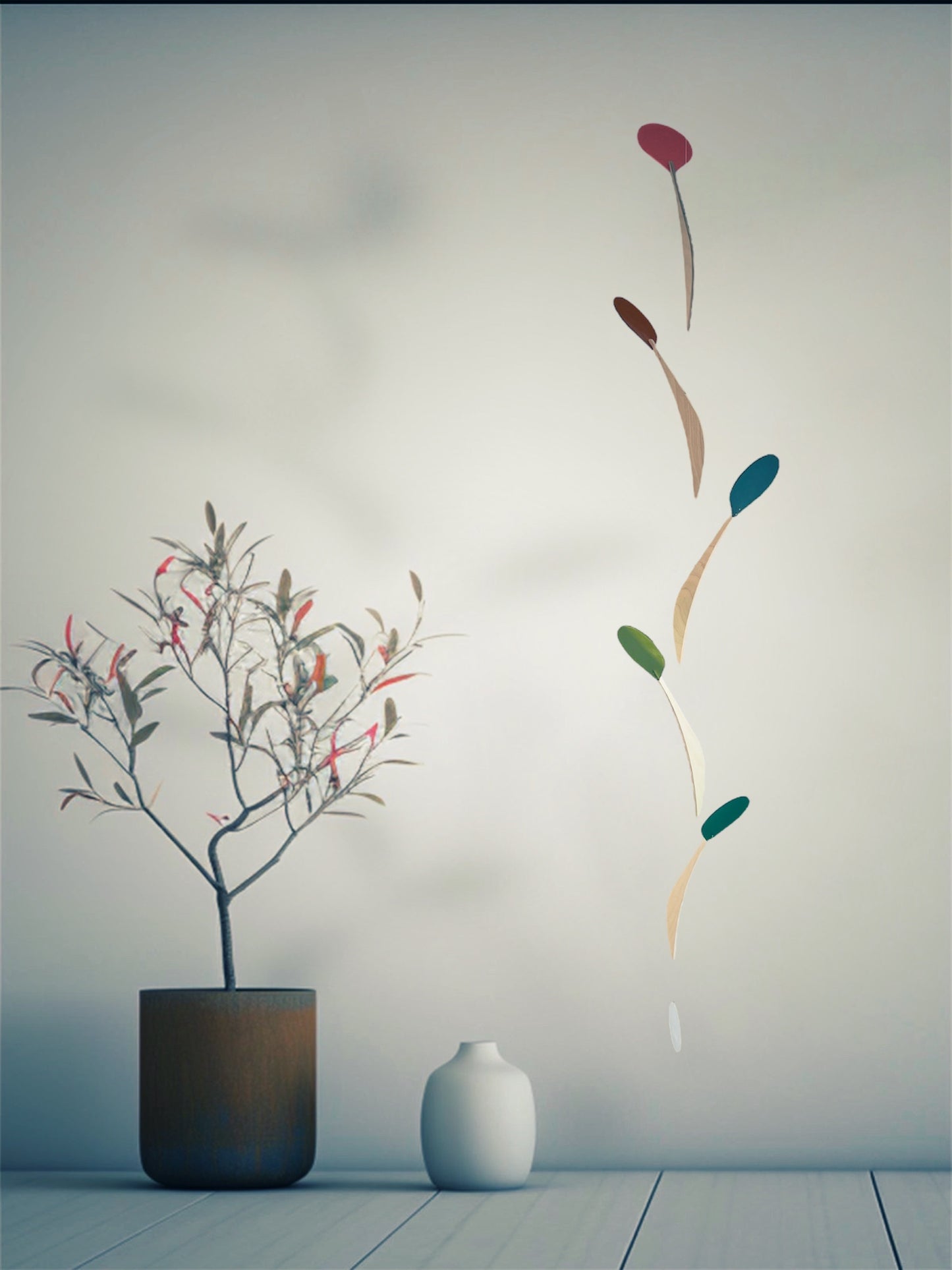 Modern Kinetic Mobile Art - Wall Hanging Relaxing Decor for Scandinavian Home Design, Office Spaces, Waiting Rooms & Minimalist Yoga Studio
Introducing Vine, a kinetic mobile inspired by the graceful climb of vines. This sleek, tall & slender mobile brings movement and calm to any space, whether it's a mid-century modern living room, a yoga studio or an office.