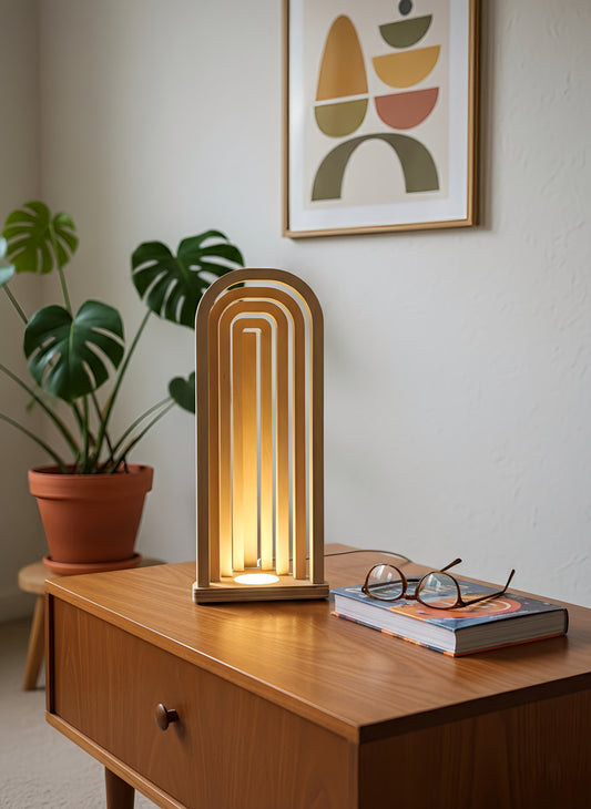 Danish Mid-Century Modern USB Arch Lamp | Dimmable Plywood Table Light | Minimalist Wooden Mood Lighting | 43cm Tall Desk Bedside Lamp
Mid-Century Modern Arch USB Table Lamp
Elevate your home decor with my signature 43cm tall Wooden Arch Lamp, designed and crafted by me, The Illuminist. A perfect example of Danish Mid-Century Modern design. This minimalist geometric piece is the ideal ambient light source for your living room sideboard, bedroom nightstand, or office desk.
ULTIMATE FUNCTIONALITY & VERSATI