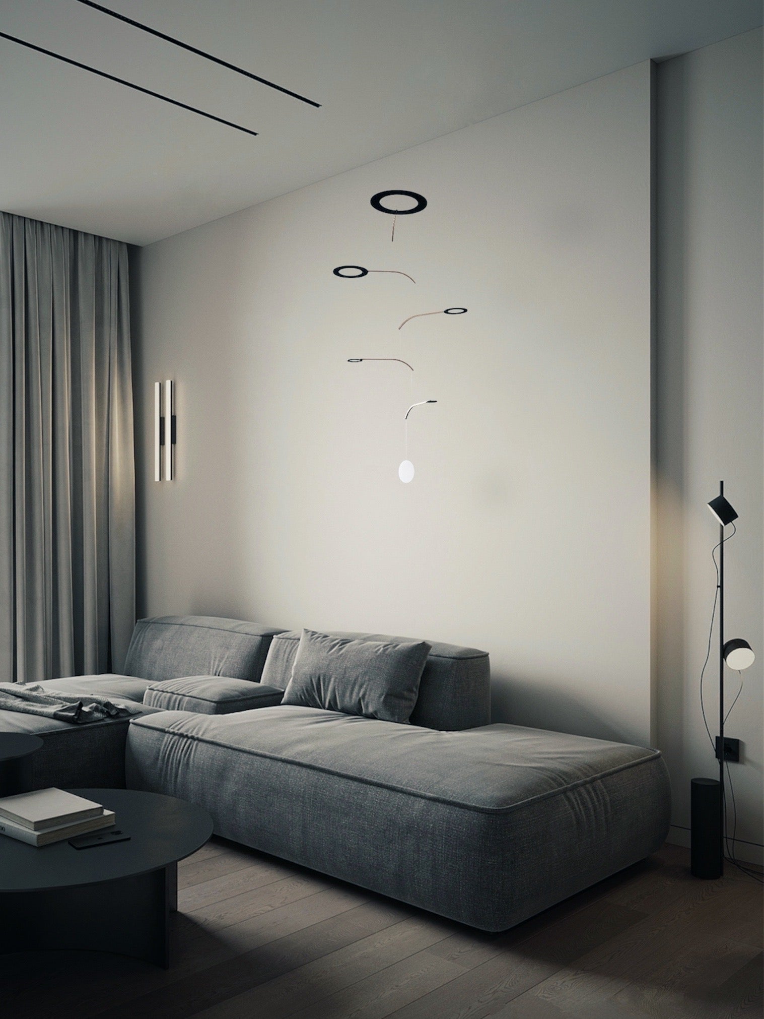 Large Kinetic Mobile Sculpture, Black Hanging Adult Mobile, Mid Century Modern Art Mobile, Calder Minimal Circle Mobile, Halo The Illuminist
Introducing Halo Mobile - this unique mobile features six halo rings in frosted black acrylic.