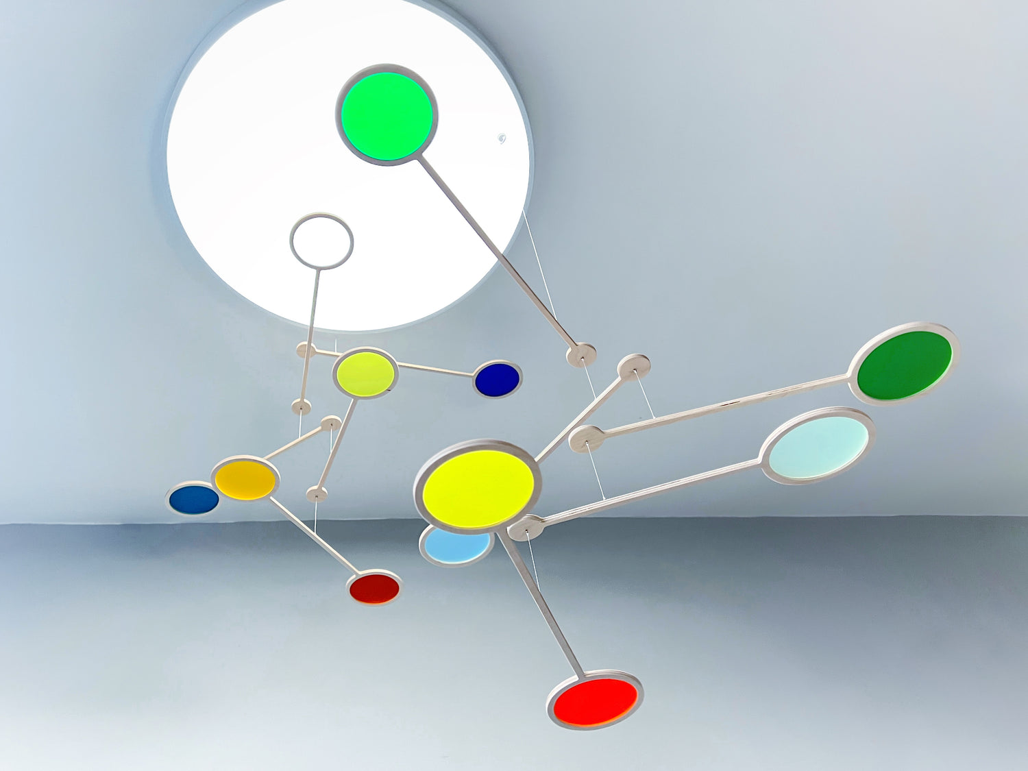 Large Kinetic Custom XL Mobile Sculpture. Mid Century Modern Calder Bespoke Hanging Art. Adult & Baby Nursery Mobile, Colourful Orbit - Choose your own colours mobile Wooden and colourful acrylic mobile. Influenced by Calder mobiles and the mid-century modern movement. A beautiful piece of moving hanging art.Double form orbit mobile at tiered height, hanging from 2 strings, creating one kinetic form. Both Orbit mobiles together hang approximately 80cm from the ceiling at their lowest point. Singular Orbi