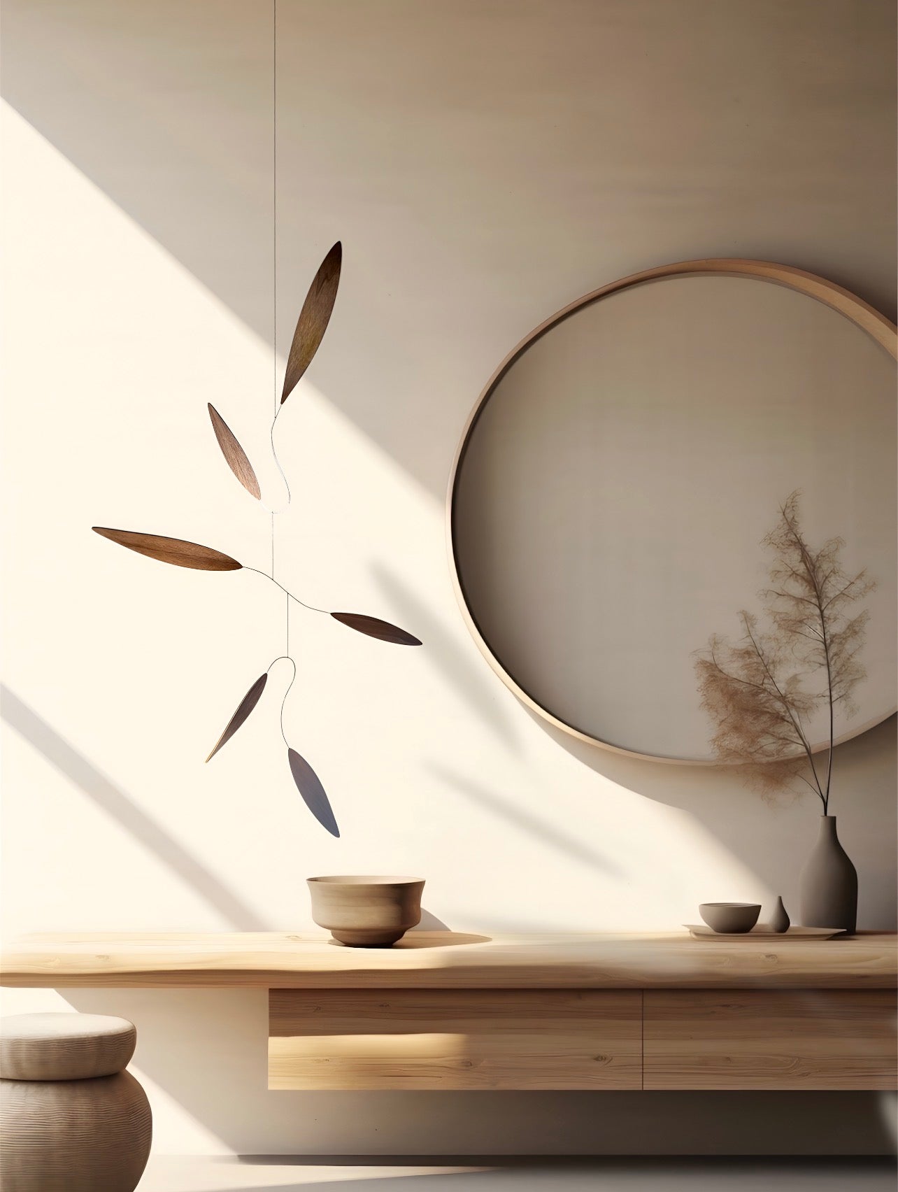 Large 1 metre walnut leaf mobile hanging on a wall beside artist, handcrafted layered walnut veneer wooden mobile with curved leaf forms and stainless steel wire, modern kinetic sculpture, moving art for adults, mid century decor, Scandinavian design minimalist decor, Calder inspired art mobile, unique designer home decor, wood hanging art for living room, gallery wall decor, contemporary mobile handmade in the UK by The Illuminist, soothing balancing art and modern wood art