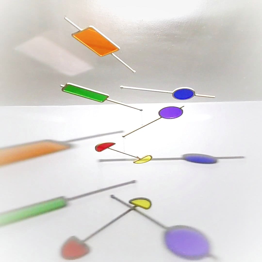 RAINBOW FUNK MOBILE - The Illuminist - Mobiles Kinetic Mobile Kinetic Art Kinetic Sculpture Crib Mobile Baby Mobile Nursery Mobile Mobile Art Mid Century Art Mid Century modern Calder mobile mobiles for adults furniture and decor Hanging Art Mobile Art spinning mobile Modern Art Contemporary Art Hanging mobile Calder-inspired
