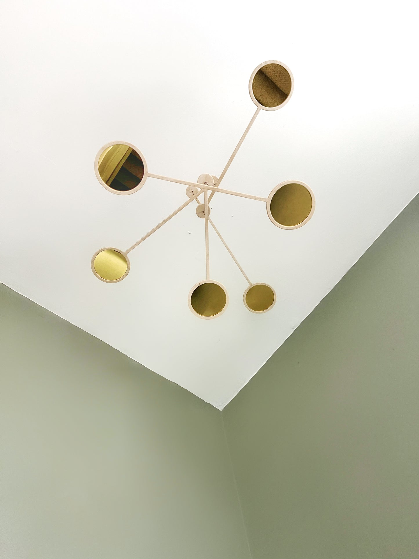 Orbit Mobile - The Illuminist - Gold Brass mirror Mobiles Kinetic Mobile Kinetic Art Kinetic Sculpture Crib Mobile Baby Mobile Nursery Mobile Mobile Art Mid Century Art Mid Century modern Calder mobile mobiles for adults furniture and decor Hanging Art Mobile Art spinning mobile Modern Art Contemporary Art Hanging mobile Calder-inspired.