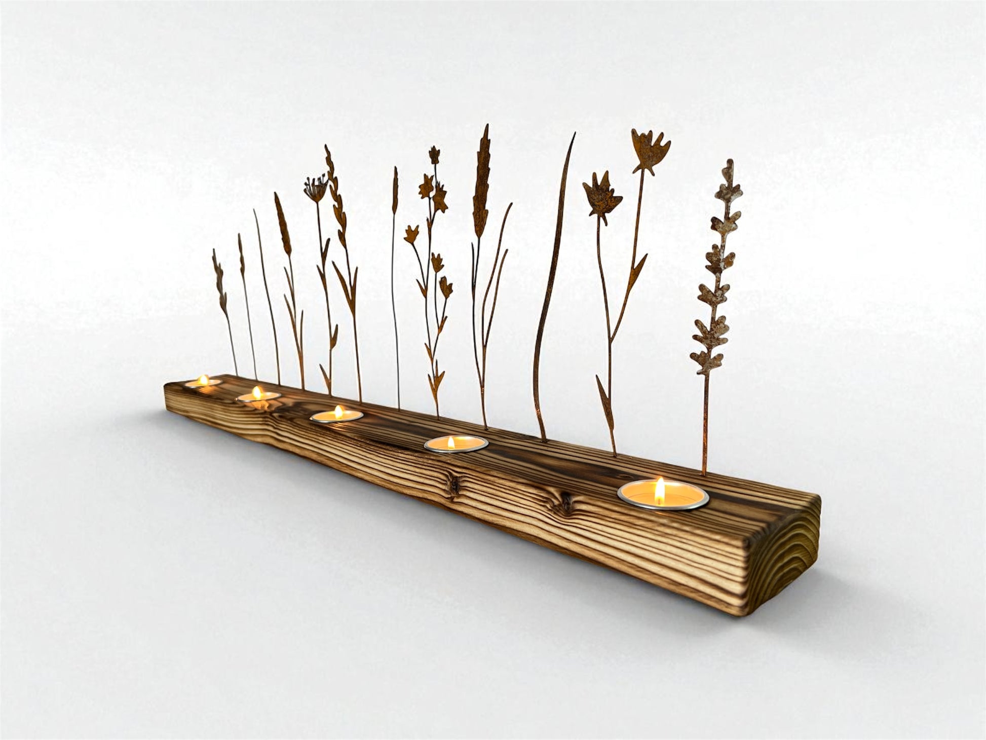 XL Shou Sugi Ban Wooden Candle Holder – 80cm rustic tea light centerpiece with metal wildflowers casting shadows candle bar flower bar 