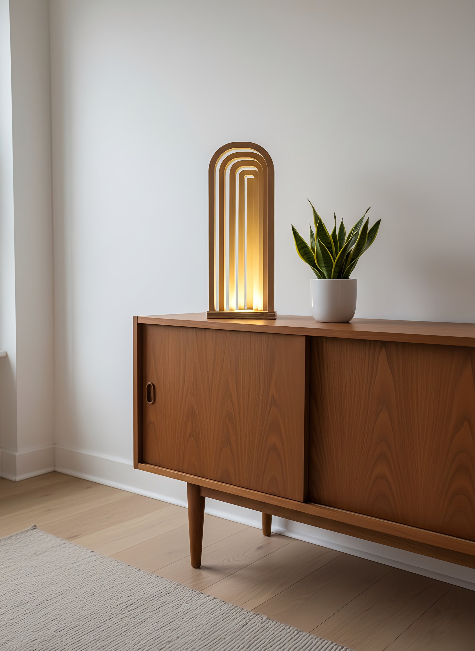 Danish Mid-Century Modern USB Arch Lamp | Dimmable Plywood Table Light | Minimalist Wooden Mood Lighting | 43cm Tall Desk Bedside Lamp

Mid-Century Modern Arch USB Table Lamp

Elevate your home decor with my signature 43cm tall Wooden Arch Lamp, designed and crafted by me, The Illuminist. A perfect example of Danish Mid-Century Modern design. This minimalist geometric piece is the ideal ambient light source for your living room sideboard, bedroom nightstand, or office desk.

ULTIMATE FUNCTIONALITY & VERSATI