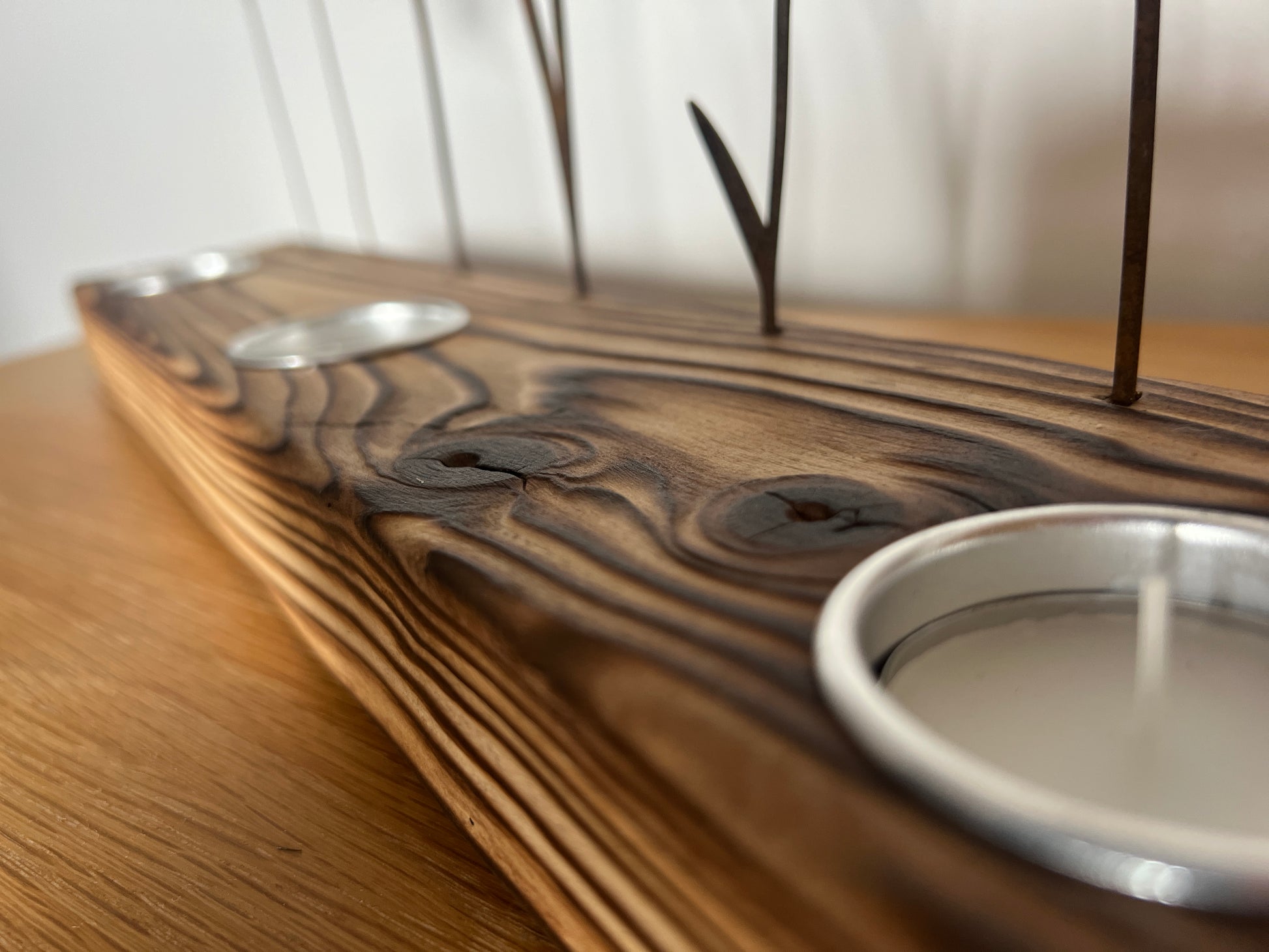 Rustic farmhouse table centerpiece – extra long wooden tea light holder with floral design