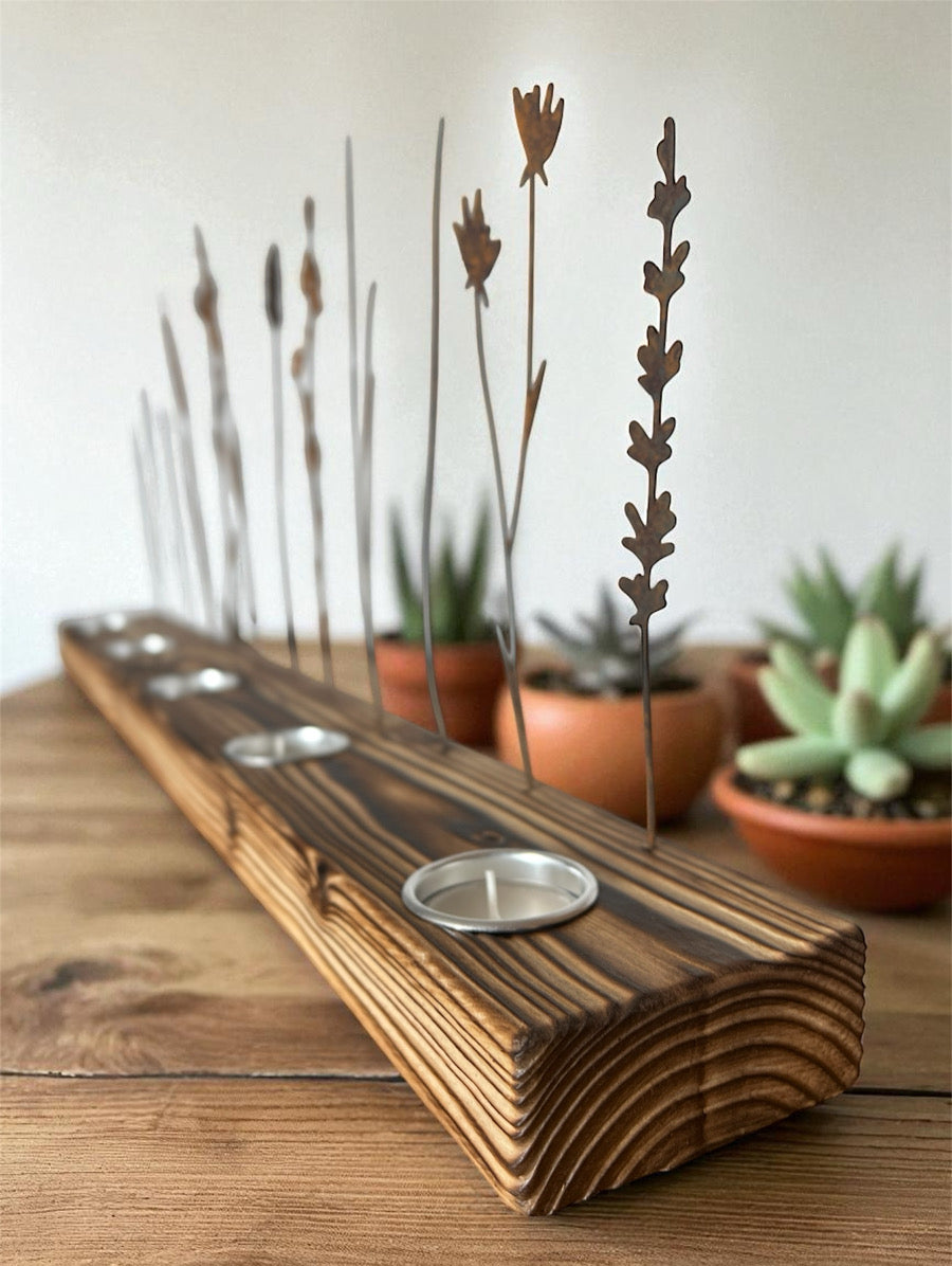 XL Shou Sugi Ban Wooden Candle Holder – 80cm rustic tea light centerpiece with metal wildflowers casting shadows candle bar 