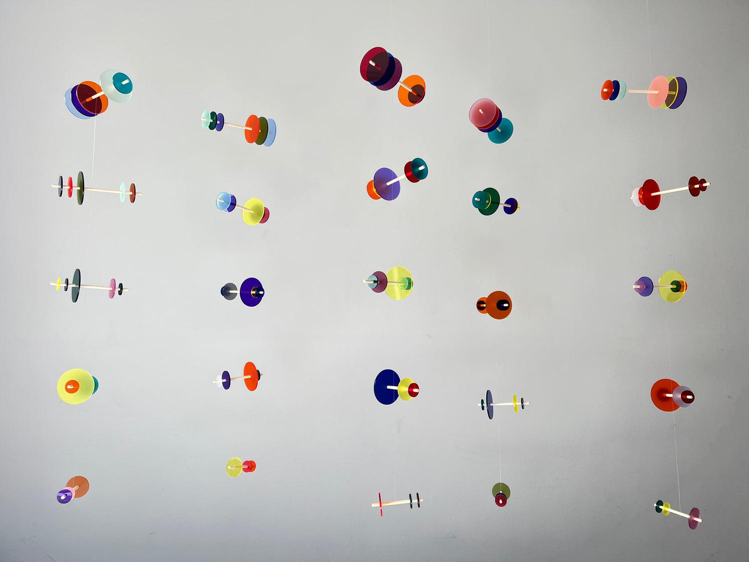 Perspex and wood mobiles - Alexander Calder style wall hanging for shop front - custom kinetic mobiles 