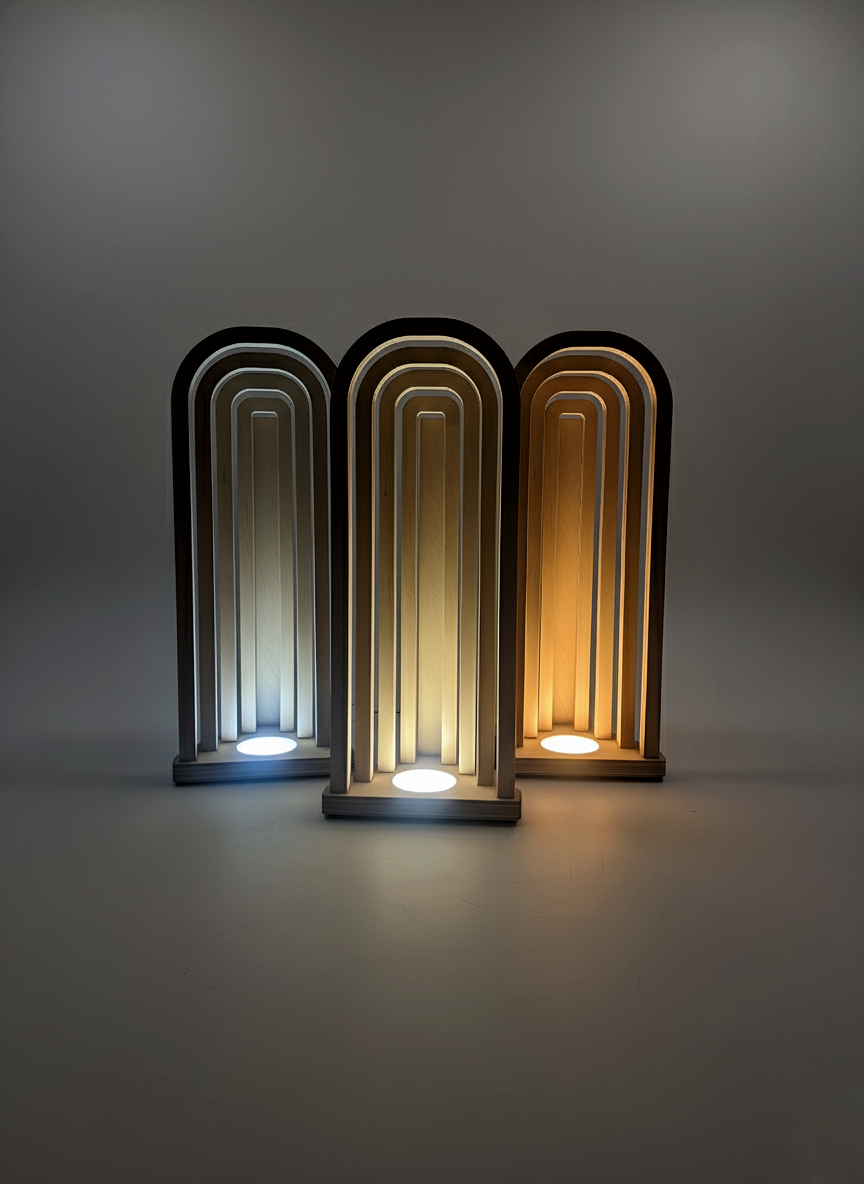 Arch - Mid-Century Lamp. Dimmable Plywood Table Light, Art Deco Curved Wooden Mood Lighting