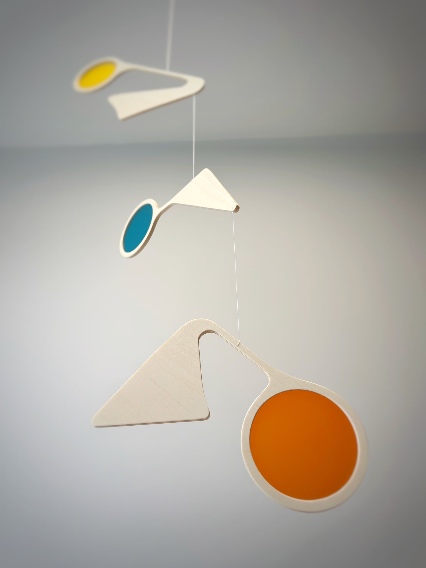 Custom Large Kinetic Mobile Sculpture. Mid Century Modern Calder Hanging Art. Adult & Baby Nursery Mobile  A Wooden and colourful acrylic large mobile. Influenced by Calder mobiles and the mid-century modern movement. A beautiful piece of cantilever hanging art. 