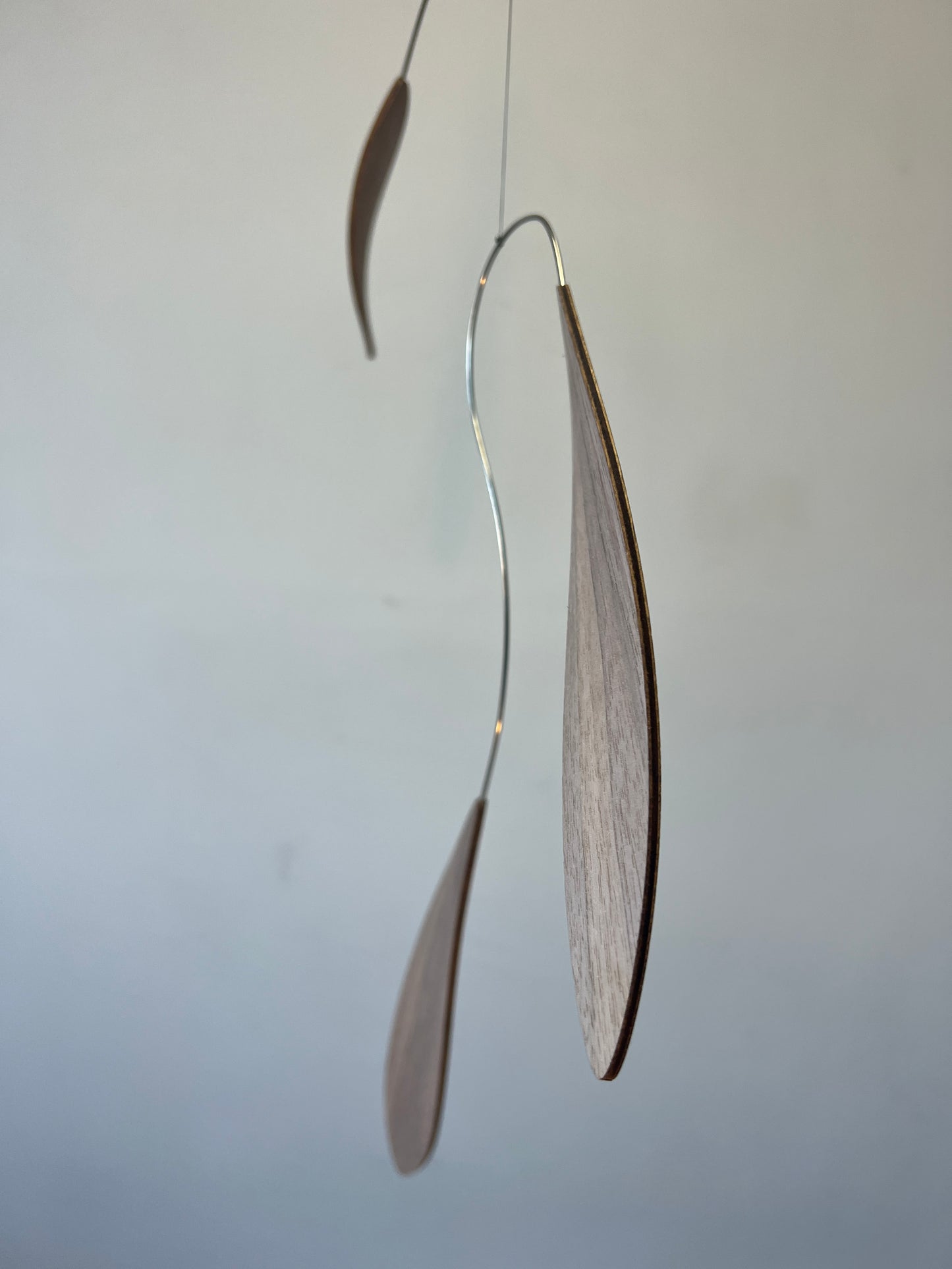 Large 1 metre walnut leaf mobile hanging on a wall beside artist, handcrafted layered walnut veneer wooden mobile with curved leaf forms and stainless steel wire, modern kinetic sculpture, moving art for adults, mid century decor, Scandinavian design minimalist decor, Calder inspired art mobile, unique designer home decor, wood hanging art for living room, gallery wall decor, contemporary mobile handmade in the UK by The Illuminist, soothing balancing art and modern wood art