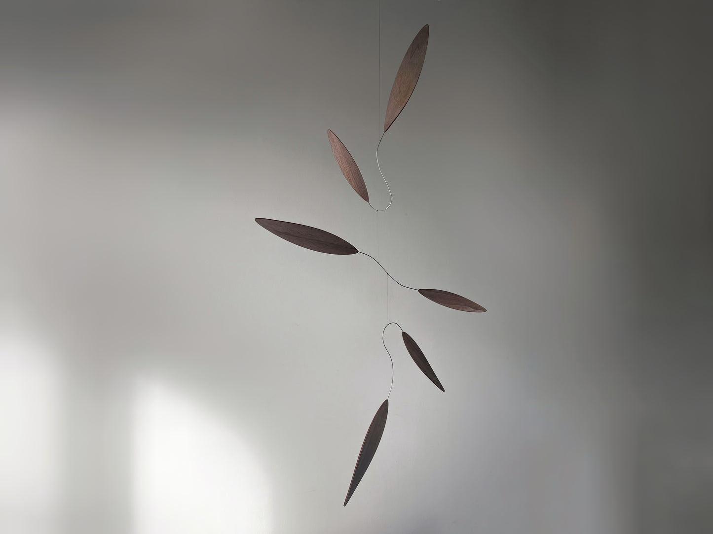 Large 1 metre walnut leaf mobile hanging on a wall beside artist, handcrafted layered walnut veneer wooden mobile with curved leaf forms and stainless steel wire, modern kinetic sculpture, moving art for adults, mid century decor, Scandinavian design minimalist decor, Calder inspired art mobile, unique designer home decor, wood hanging art for living room, gallery wall decor, contemporary mobile handmade in the UK by The Illuminist, soothing balancing art and modern wood art