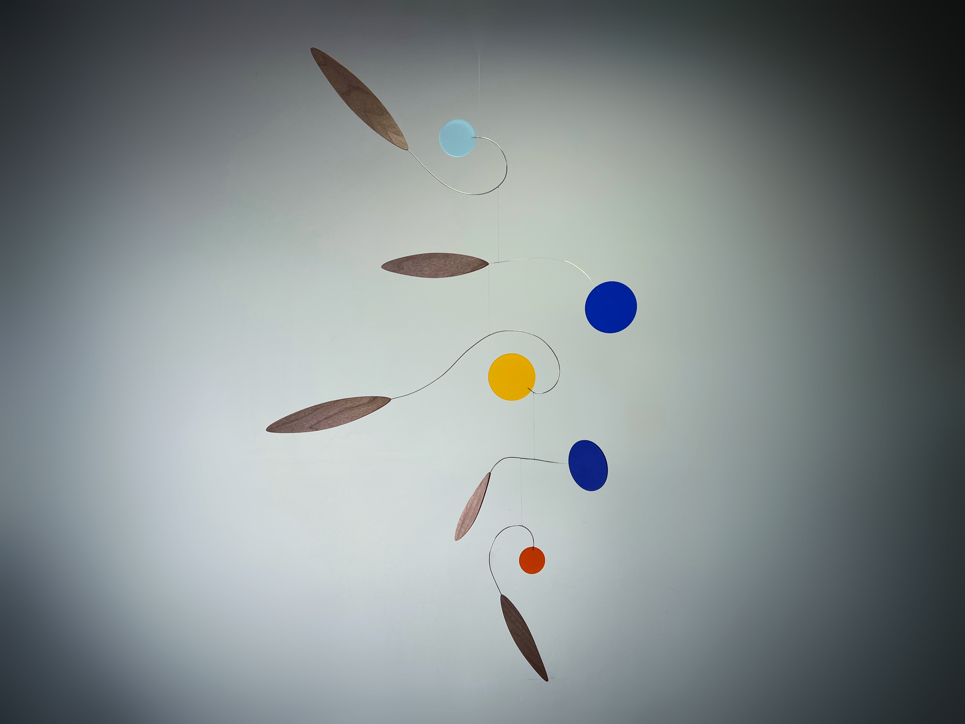 Rise MOBILE - Mid century Kinetic mobile sculpture 
Abstract sculpture with colorful spheres and thin rods on a gray background