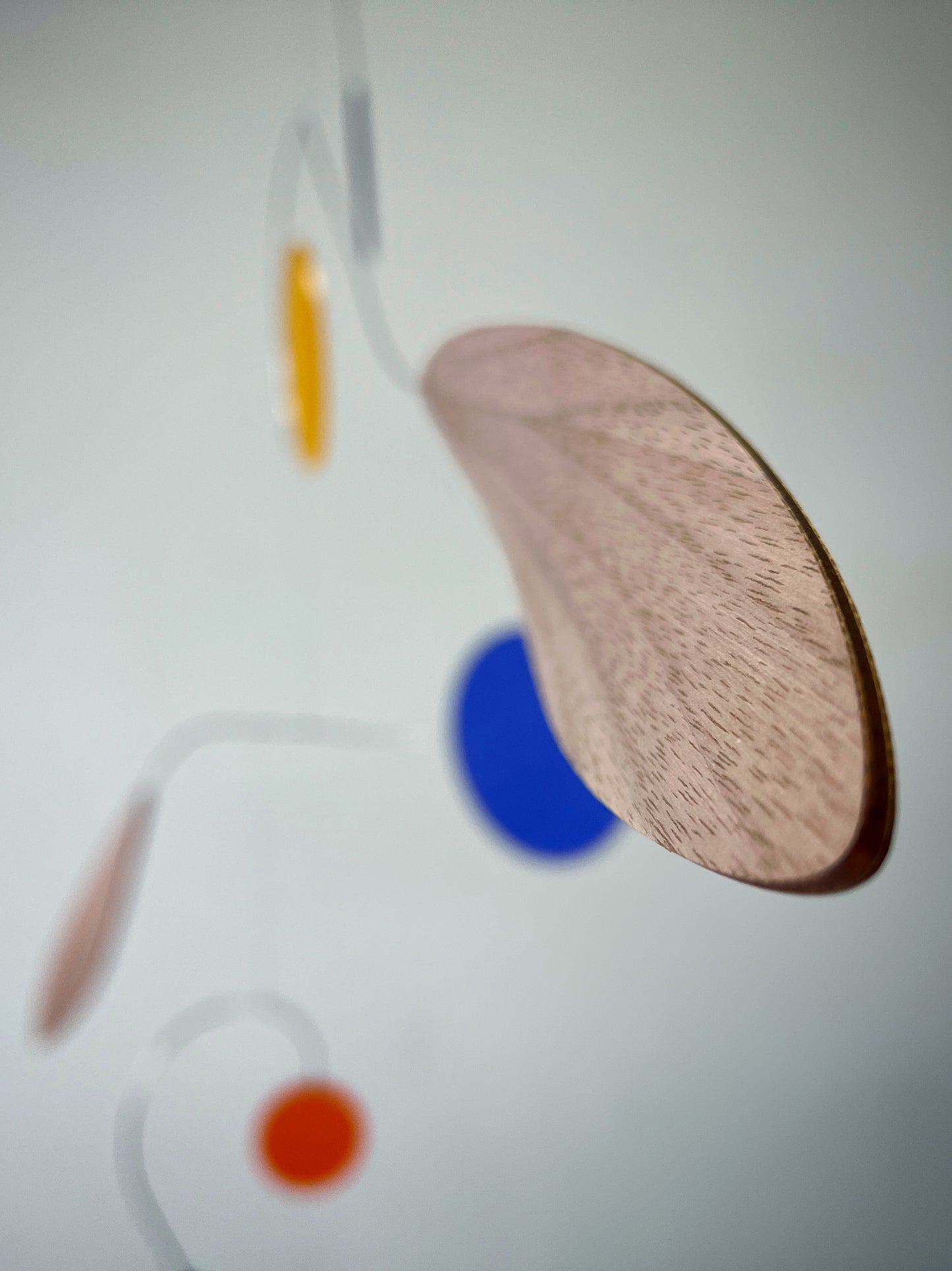 Wooden leaf with colorful acrylic disks on a white background Rise MOBILE - Mid century Kinetic mobile sculpture In walnut and acrylic 