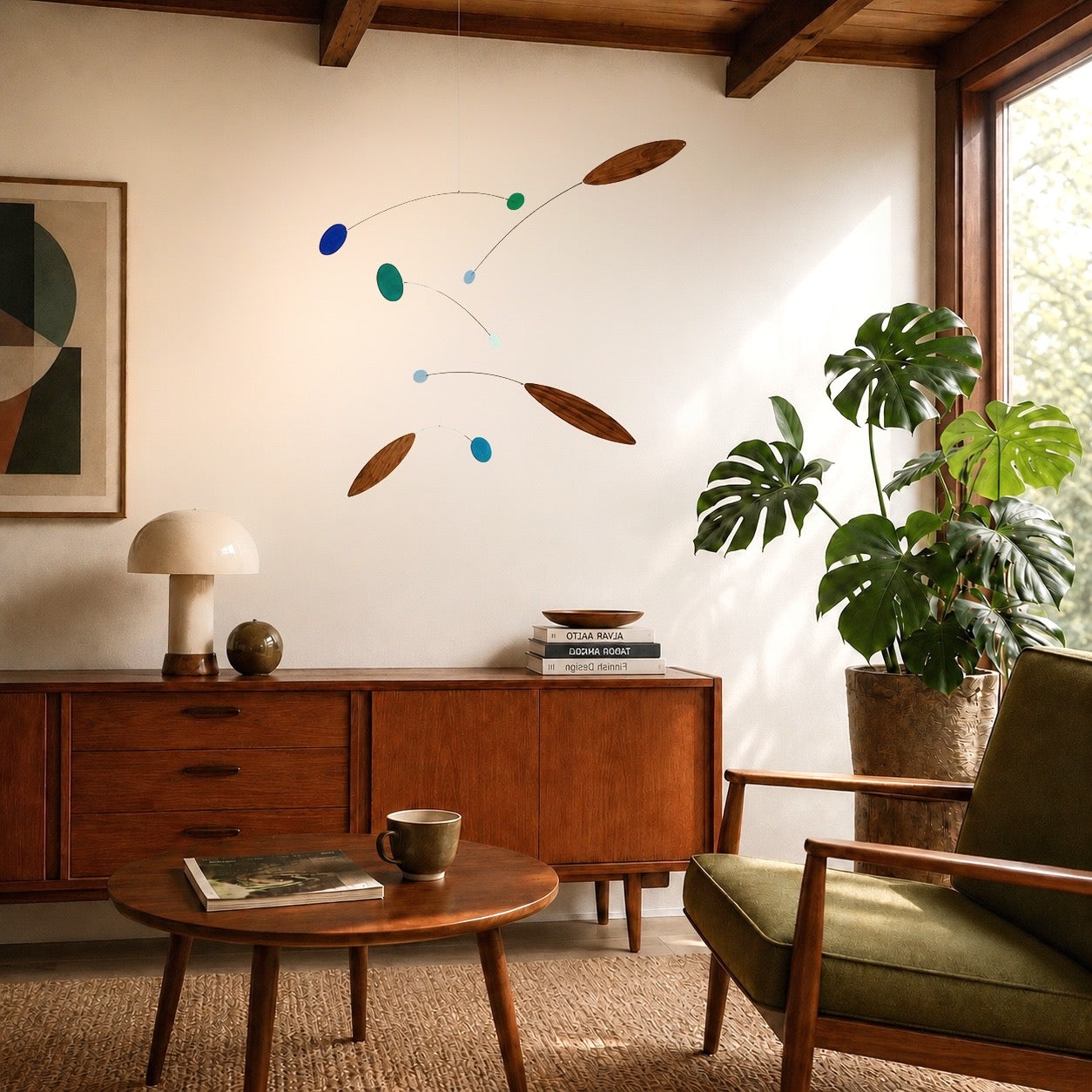 A mid-century modern living room scene featuring a floating mobile wall art piece with brown and blue organic shapes and walnut leaves - Calder style mobile modern art suspended above a wooden credenza. A green armchair, a wooden coffee table with a mug, a potted monstera plant, and a mid-century sideboard are visible in the room.