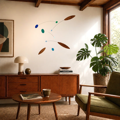 A mid-century modern living room scene featuring a floating mobile wall art piece with brown and blue organic shapes and walnut leaves - Calder style mobile modern art suspended above a wooden credenza. A green armchair, a wooden coffee table with a mug, a potted monstera plant, and a mid-century sideboard are visible in the room.