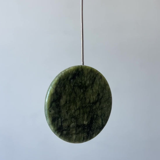 Hanging natural mobile - wooden walnut ovals and roubd jade stone 