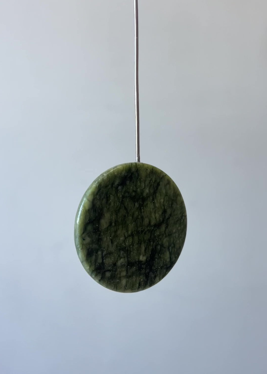 Hanging natural mobile - wooden walnut ovals and roubd jade stone 